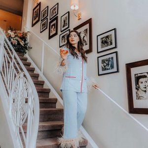 Sleeper Satin & Feather-trimmed Pajama Set